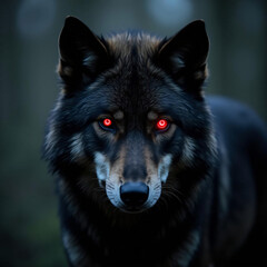 Glowing Red Eyes Wolf in Dark Forest Night