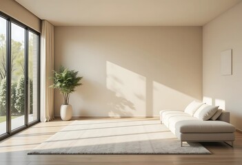 Fototapeta premium Modern minimalist living room with beige walls and sunlight