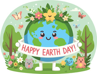 Planet Earth Mascot, A friendly, smiling Earth character with arms and legs, wearing a leafy crown and holding a banner that says 'Happy Earth Day 