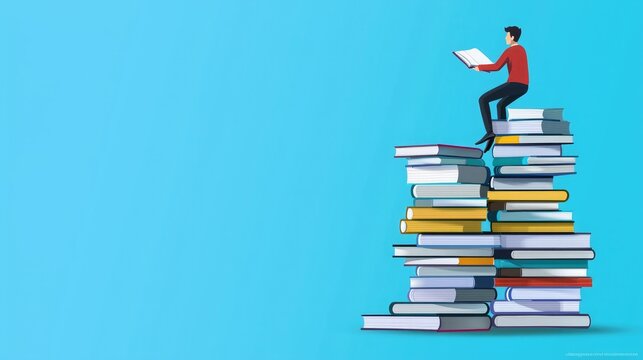 A person reads on top of a stack of colorful books against a blue background, symbolizing knowledge and the joy of reading.