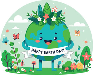 Planet Earth Mascot, A friendly, smiling Earth character with arms and legs, wearing a leafy crown and holding a banner that says 'Happy Earth Day 