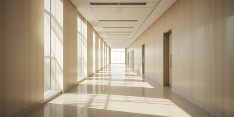 Obraz premium Sunlit Modern Office Corridor With Large Windows