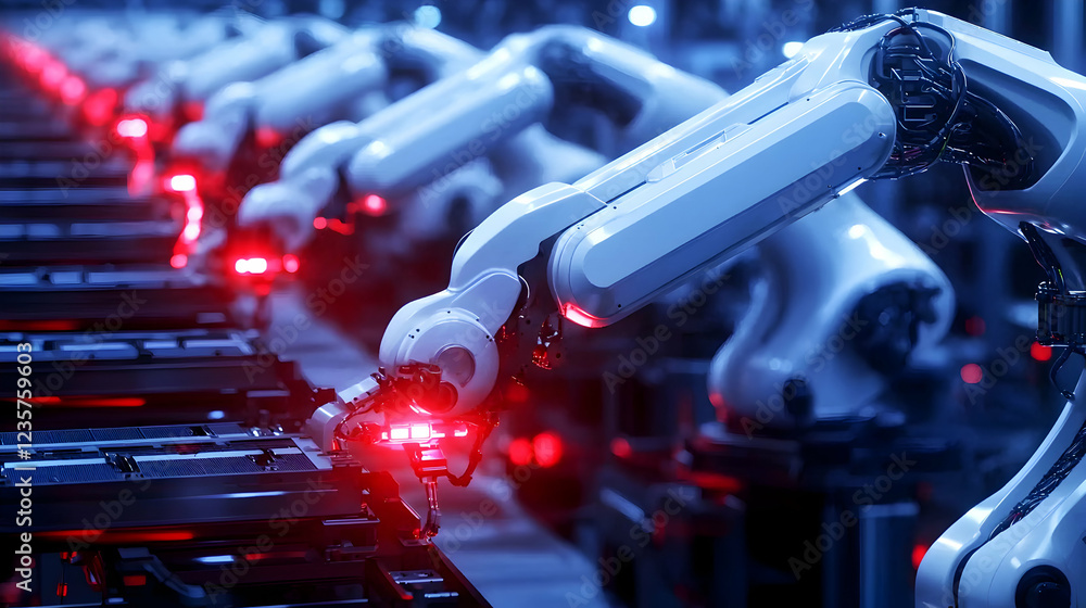 Poster advanced robotic arms performing tasks in a modern manufacturing facility, showcasing automation and