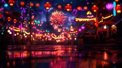 Vibrant Night Festival with Fireworks and Lanterns
