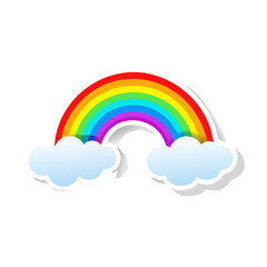 Colorful rainbow vector sticker with clouds, cheerful weather symbol illustration