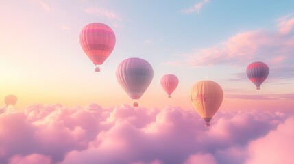 Fototapeta premium Colorful hot air balloons soar above pink clouds at sunset, travel poster