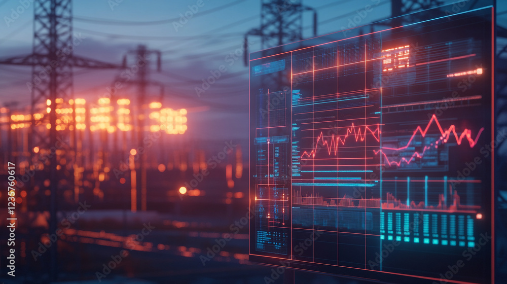 Poster energy grid monitoring system digital display interface power red data blue graph chart night screen