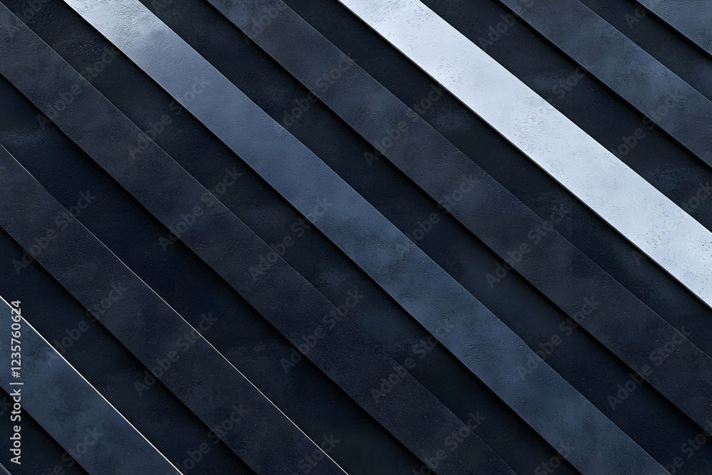 Poster this image showcases an abstract pattern of diagonal metallic strips in varying shades of blue and g