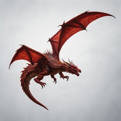 A red dragon in flight, its wings creating a dramatic silhouette, incredible texture details, photorealistic, pure white background.