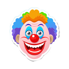 Creepy clown face sticker with colorful hair, vector illustration