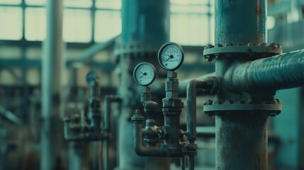 Fototapeta premium Industrial factory gauges monitoring pressure, pipes, plant