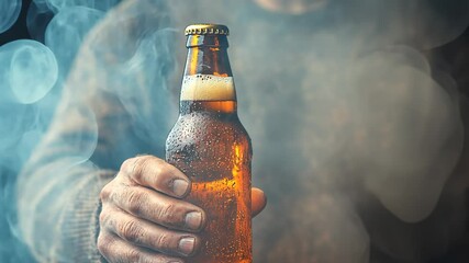 Close-up of a hand holding a frosty beer bottle with smoke effects