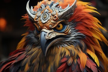 Ornate bird mask, close-up, fantasy setting, digital art, for game design.