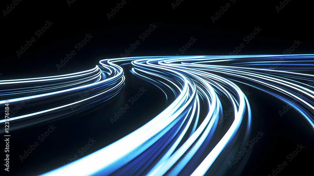 Poster abstract image showcasing dynamic light trails in a fluid motion against a dark background, represen