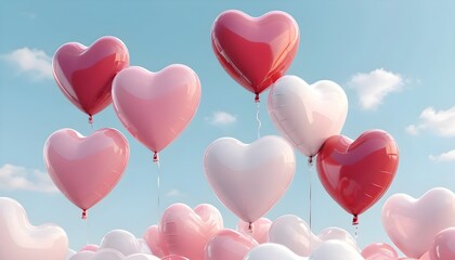 A cluster of Heart-shaped Balloons Floating in a Clear Blue Sky with Fluffy White Clouds