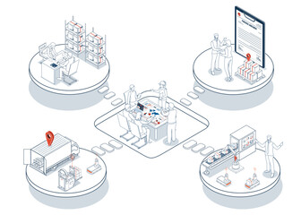3D isometric Logistics Supply Chain Management concept with description of Fleet management, Warehousing, Materials handling, Inventory and Demand planning. Vector illustration eps10