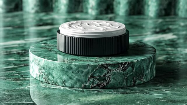 Elegant cream container on a green marble pedestal with textured background