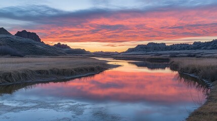Serene Sunrise Reflection Over River Valley Landscape