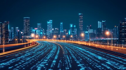 Fototapeta premium Futuristic highway with digital data streams flowing through a city at night.