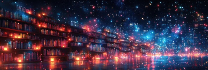 Fototapeta premium Magical library with glowing books and starry night sky.