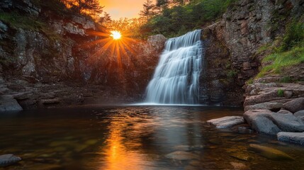 Sunset Waterfall Nature Scene, Scotland, Calm Pool