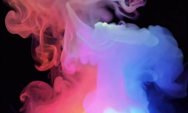 Vibrant swirling clouds of red, pink, and blue smoke in a dark background. Abstract motion, fluid dynamics, and artistic vapor effect for creative and futuristic visuals.
