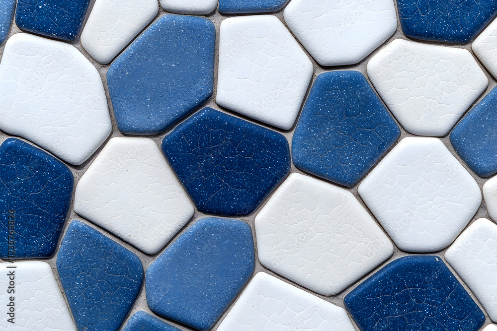 Poster a close-up view of an intricate mosaic tile pattern featuring various shades of blue and white hexag
