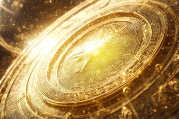 Golden celestial clock, intricate details, cosmic dust, astrology concept, website banner.