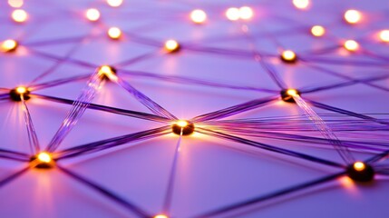 Abstract Technology Network with Glowing Lights on Purple Background