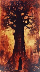 Person silhouetted against giant, fiery tree in forest; dark fantasy art.