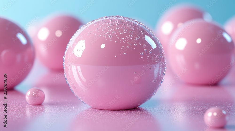 Poster glossy pink spheres with sparkling texture on a soft blue background, creating a playful atmosphere