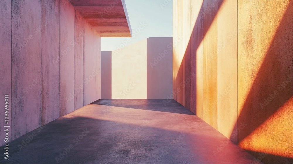 Poster abstract minimalist architecture with sunlight casting shadows on walls and floor