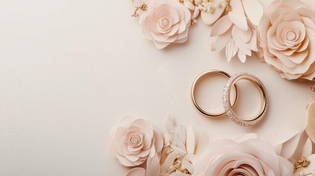 Elegant Wedding Rings Adorned with Delicate Blush Roses