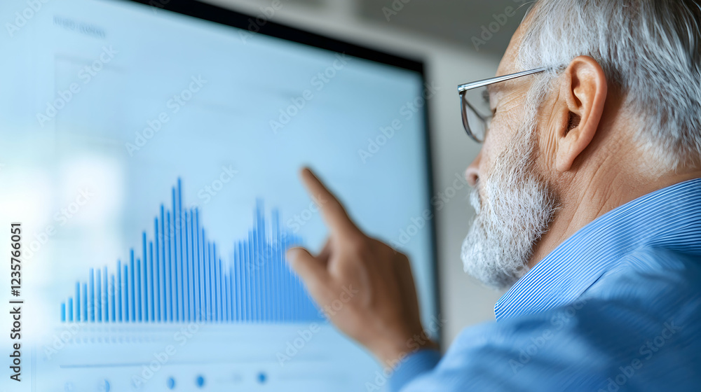 Poster a senior man analyzes data on a large screen, pointing at a bar graph. the setting suggests a modern