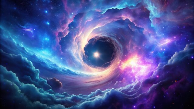 Cosmic explosion amidst swirling purple clouds, illuminating a deep blue glowing birth of an ethereal massive black hole in the heart of space, deep space phenomenon, dark matter manifestation