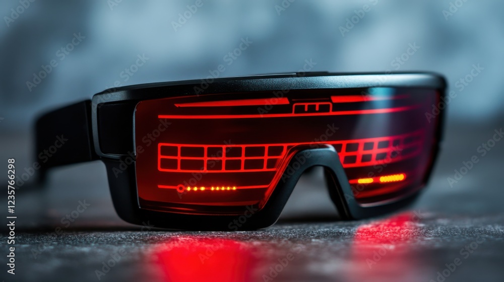 Poster futuristic augmented reality glasses resting on a textured surface with a blurred background ambianc