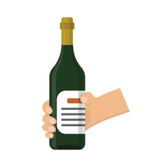 Hand holding wine bottle icon in flat style. Alcohol drink vector illustration on isolated background. Champagne beverage sign business concept.
