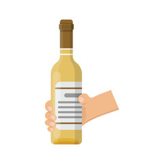 Hand holding wine bottle icon in flat style. Alcohol drink vector illustration on isolated background. Champagne beverage sign business concept.