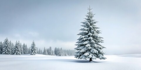 Obraz premium Snow-covered fir tree standing alone in a white forest landscape
