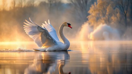 A majestic mute swan spreads its elegant neck and glides effortlessly across a misty lake at dawn, its snowy feathers glistening in the soft light , wildlife, bird