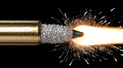 Diamond bullet firing, sparks, dark background, close-up shot, ideal for weapon or science articles
