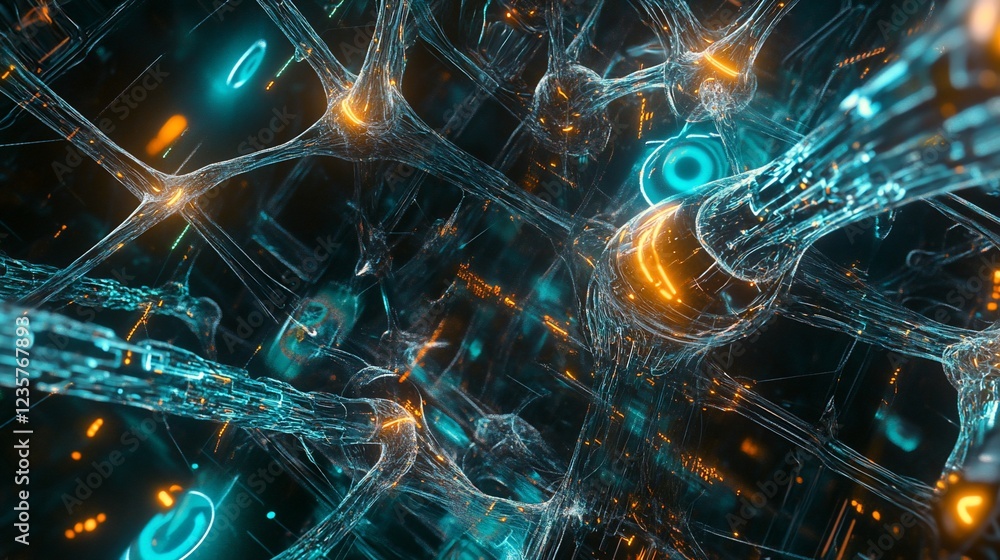Poster Abstract network illustration with glowing nodes and lines connecting them representing technology and science