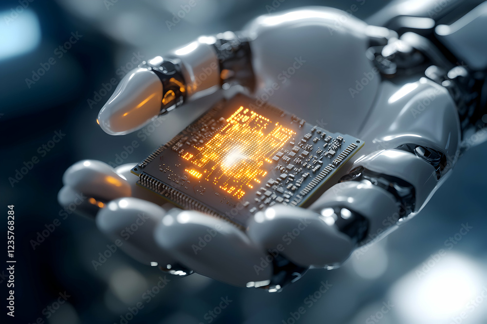 Poster a futuristic robotic hand holding a glowing microchip, symbolizing advanced technology and innovatio