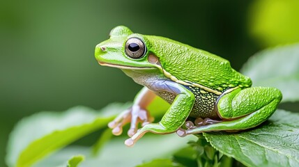 Naklejka premium Green tree frog on leaf, rainforest background, nature photography