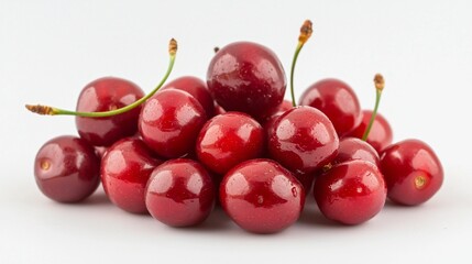 Fresh red cherries pile, white background, food photography, recipe websites