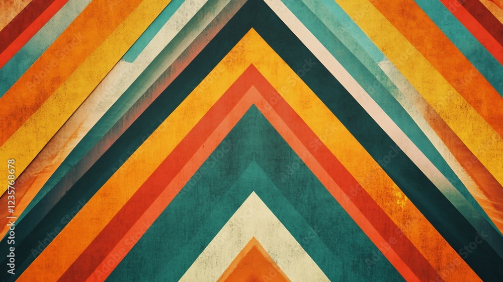 Poster retro geometric pattern with diagonal stripes and chevron design in warm and cool tones