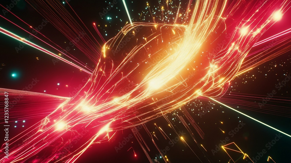 Poster abstract image with glowing red and orange lines and various bright spots against a dark background