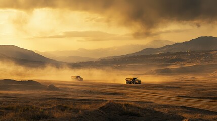 Fototapeta premium Dust Devils at Sunset: Two large, powerful mining trucks churn through a desolate, dusty landscape as the setting sun casts a golden glow over the dramatic mountain scenery.