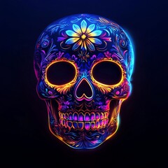 #skull with intricate floral and geometric patterns, glowing neon outlines, Engraved gold and details, cyberpunk glow, with black background