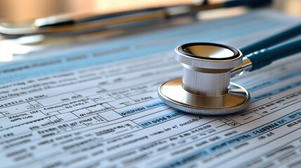 Medical documents with a stethoscope on a desk, highlighting healthcare processes and forms